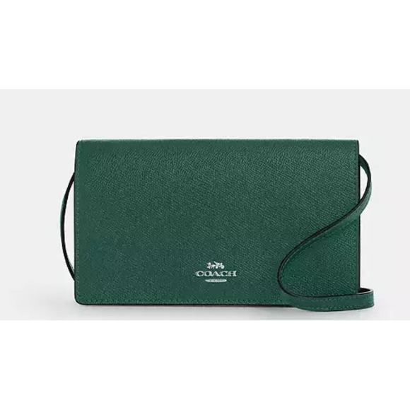 Coach CX592 Anna Foldover Leather Clutch Crossbody Handbag Emerald Green